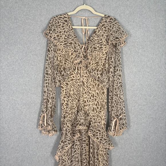 ASOS Dress 8 Cream Midi Ruffle Tiered Leopard Sheer Puff Prairie Cottage Boho - Picture 3 of 16